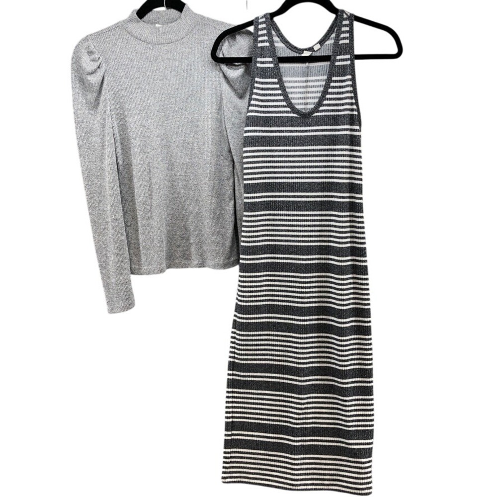 Gap Dress and Top Set Womens XS Gray Striped Ribbed Knit Mock Neck 2 Piece